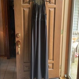Long black embellished prom dress